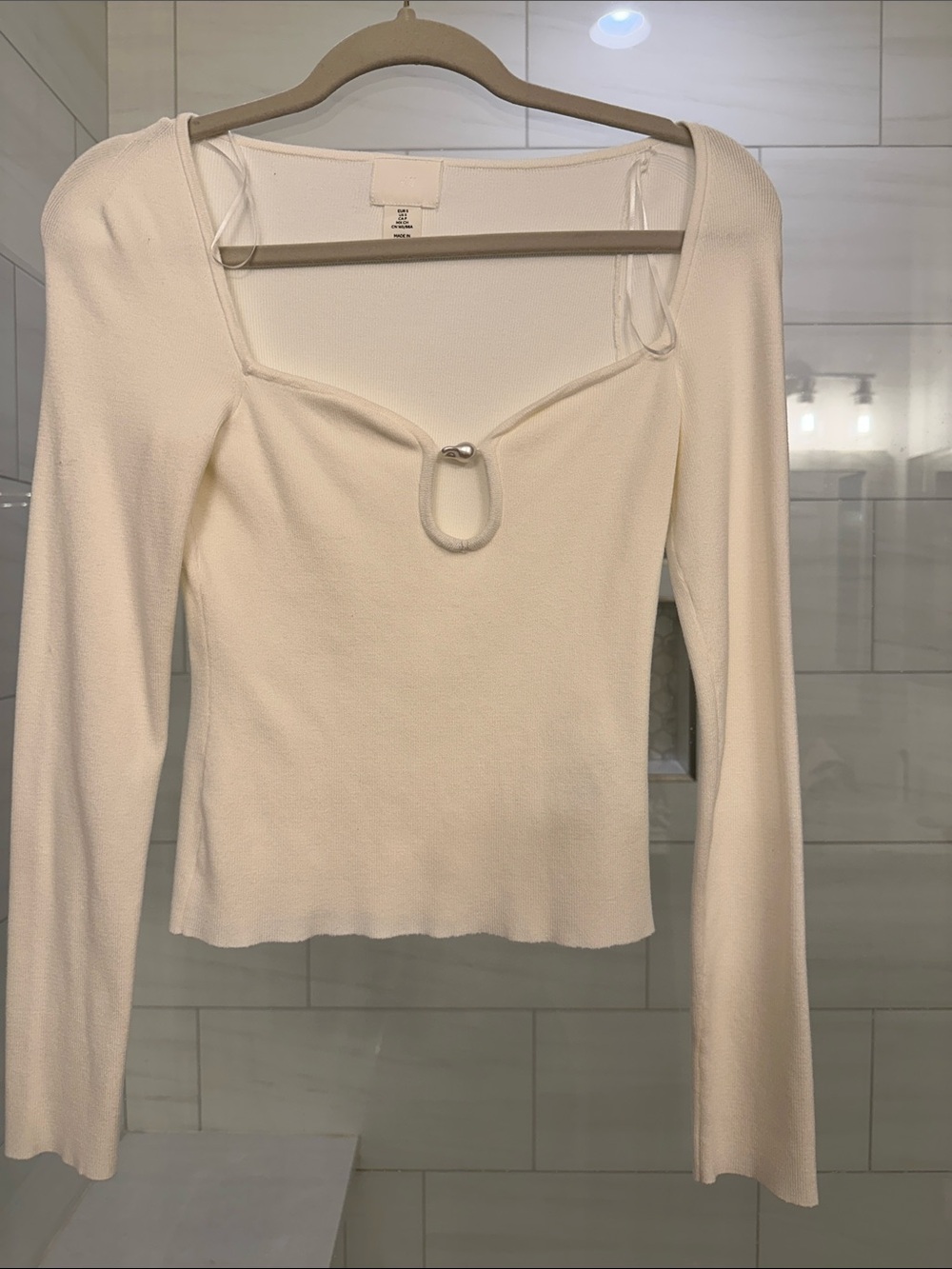H&M Cream Long Sleeve Square Neck Top with Ring Detail